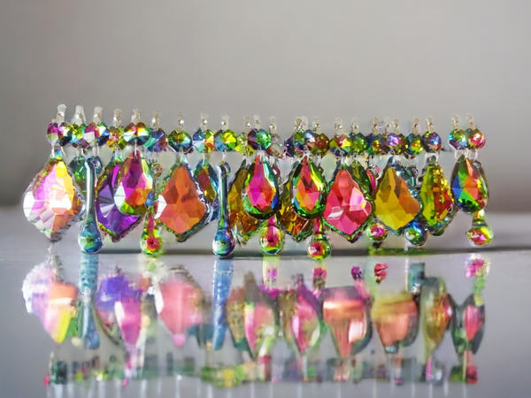24 Vitrail Iridescent Chandelier Drops Cut Glass Crystals Beads Droplets Set Silver Backed Decorations 12