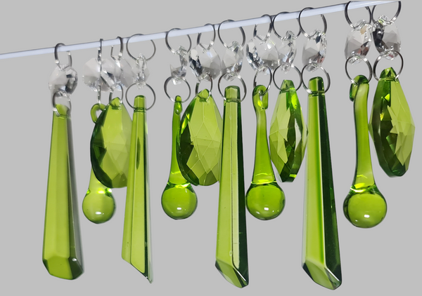 12 Chandelier Drops Sage Green Mixed Shape Set Cut Glass UK Crystals Beads Prisms Droplets 6