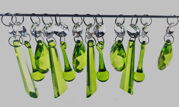 12 Chandelier Drops Sage Green Mixed Shape Set Cut Glass UK Crystals Beads Prisms Droplets 10