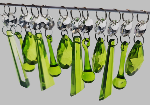12 Chandelier Drops Sage Green Mixed Shape Set Cut Glass UK Crystals Beads Prisms Droplets 4