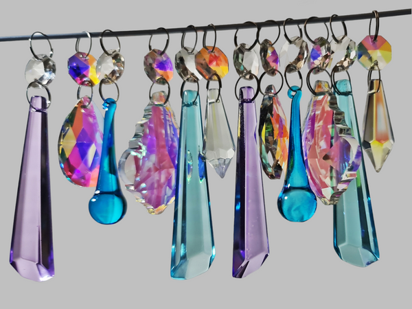 12 Chandelier Drops AB Aurora Borealis Soft Pastel Colours Glass Crystals Beads Prisms Droplets 12