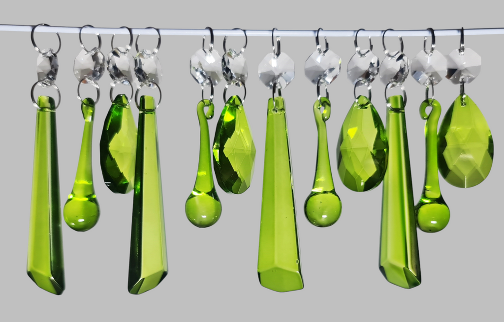 12 Chandelier Drops Sage Green Mixed Shape Set Cut Glass Crystals Beads Prisms Droplets 1