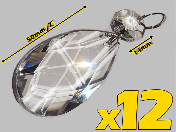 12 Clear Oval 50mm 2" Chandelier Crystals Drops Beads Droplets Garden Patio Decorations - Seear Lights