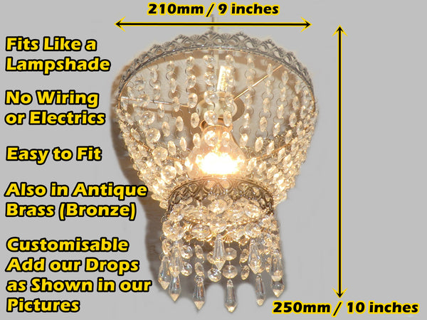 Silver Two Tier Chandelier Lampshade Pendant with Acrylic Beads Drops Ceiling Light Lamp Easy Fit 15