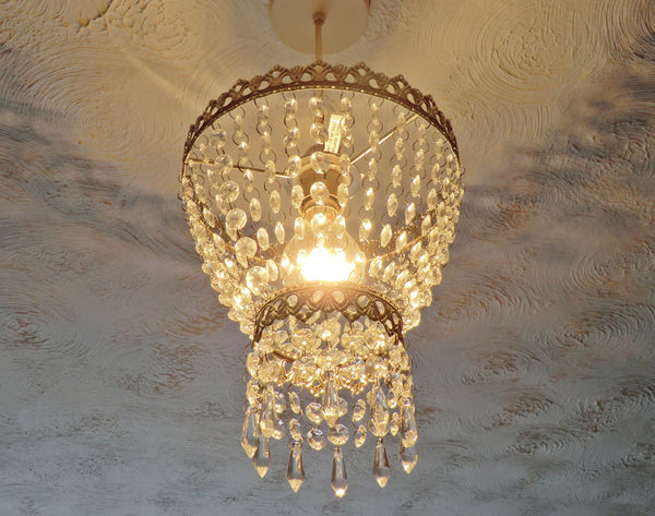Silver Two Tier Chandelier Lampshade Pendant with Acrylic Beads Drops Ceiling Light Lamp Easy Fit 2