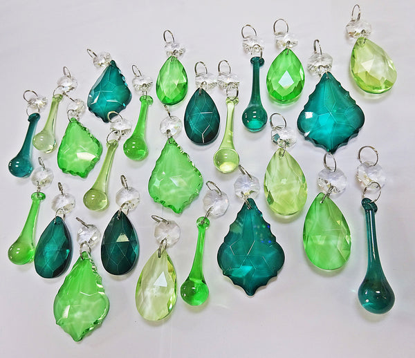 24 Sage Emerald Peacock Green Chandelier Drops Crystals Beads Cut Glass Prisms Droplets Bundle Mix 7