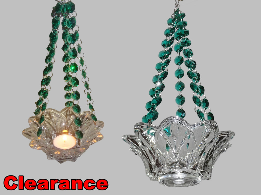 CLEARANCE Peacock Green Glass Chandelier Tea Light Candle Holder Wedding Event or Garden Feature