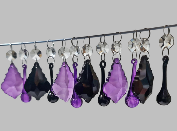 12 Chandelier Drops Gothic Black Purple Cut Glass UK Crystals Beads Prisms Droplets Lamp Light Parts 12