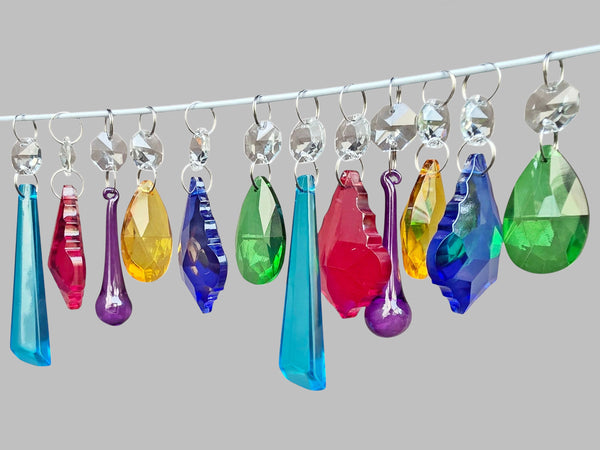 12 Chandelier Drops Mix 6 Colours Cut Glass Crystals Beads Prisms Droplets Lamp Parts 7