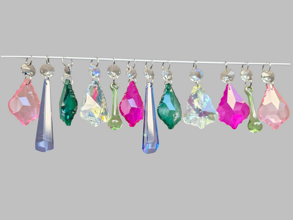 12 Chandelier Drops Cut Glass UK Crystals Beads June Colours Prisms Droplets Light Parts 9