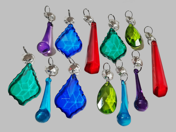 12 Chandelier Drops Cut Glass Crystals Beads Antique Colours Prisms Droplets Light Parts 2