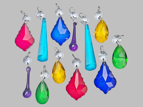 12 Chandelier Drops Mix 6 Colours Cut Glass Crystals Beads Prisms Droplets Lamp Parts 6
