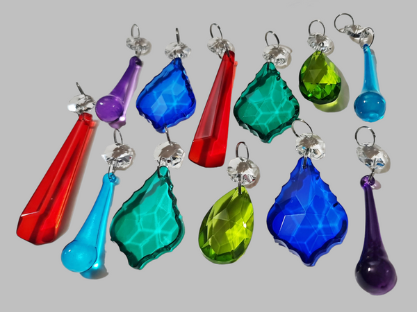 12 Chandelier Drops Cut Glass Crystals Beads Antique Colours Prisms Droplets Light Parts 7