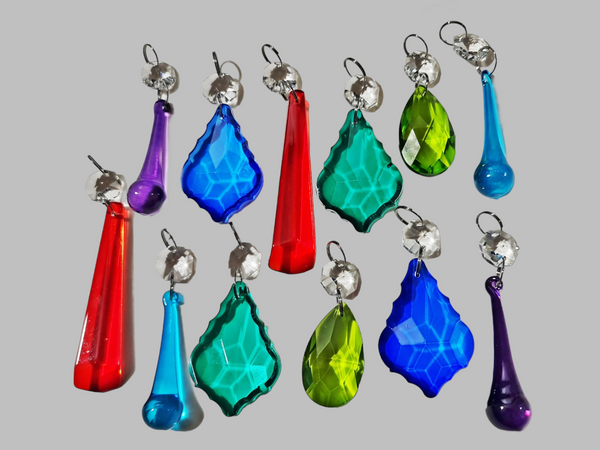 12 Chandelier Drops Cut Glass Crystals Beads Antique Colours Prisms Droplets Light Parts 9