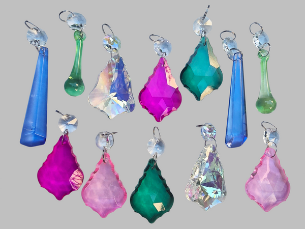 12 Chandelier Drops Cut Glass UK Crystals Beads June Colours Prisms Droplets Light Parts 10