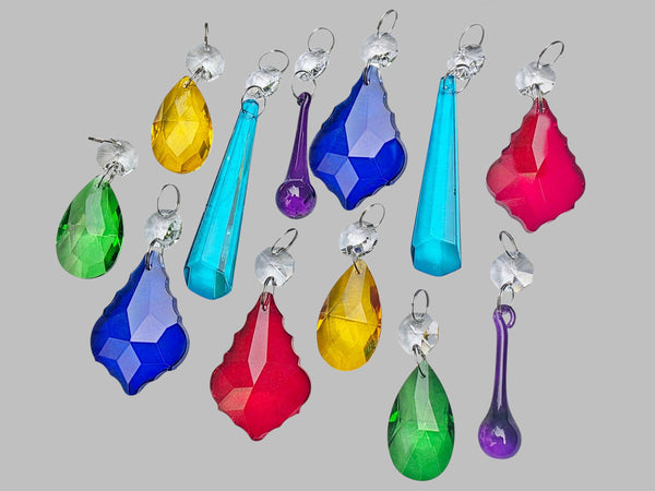 12 Chandelier Drops Mix 6 Colours Cut Glass Crystals Beads Prisms Droplets Lamp Parts 10