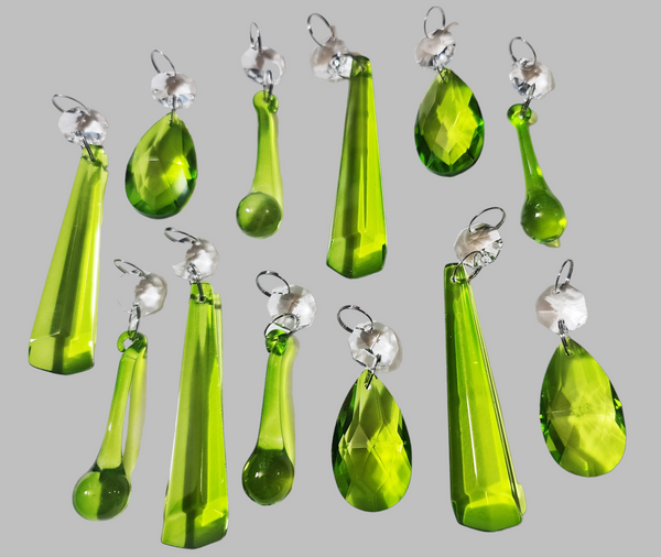 12 Chandelier Drops Sage Green Mixed Shape Set Cut Glass UK Crystals Beads Prisms Droplets 11