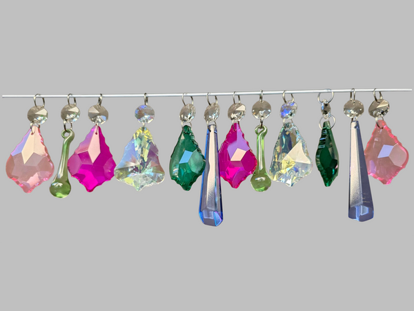 12 Chandelier Drops Cut Glass UK Crystals Beads June Colours Prisms Droplets Light Parts 1
