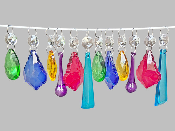 12 Chandelier Drops Mix 6 Colours Cut Glass Crystals Beads Prisms Droplets Lamp Parts 1