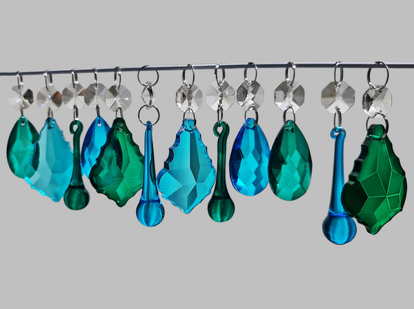 12 Peacock & Teal Chandelier Drops Crystals Beads Droplets Cut Glass Prisms Light Lamp Parts 8