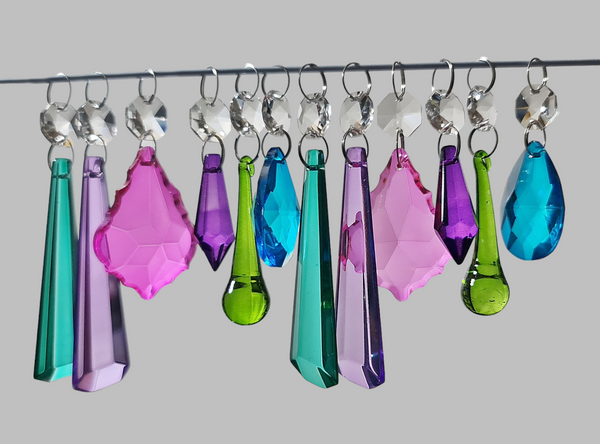 12 Chandelier Drops Cut Glass Crystals Beads Tropical Colours Prisms Droplets Light Parts 6