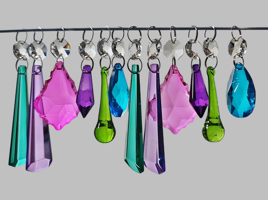 12 Chandelier Drops Cut Glass Crystals Beads Tropical Colours Prisms Droplets Light Parts 1