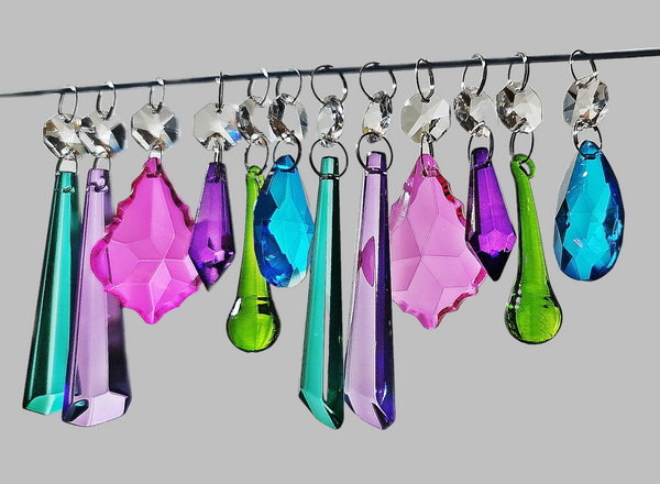 12 Chandelier Drops Cut Glass Crystals Beads Tropical Colours Prisms Droplets Light Parts 4
