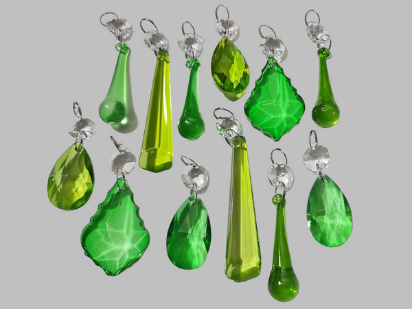 12 Chandelier Drops Sage & Emerald Green Set Cut Glass UK Crystals Beads Prisms Droplets 3