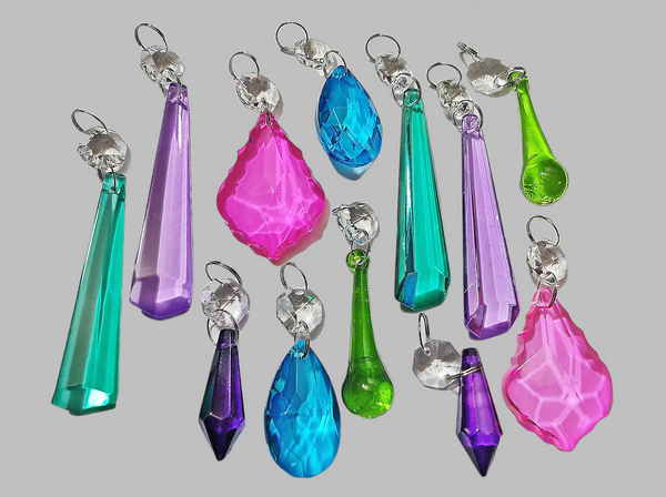 12 Chandelier Drops Cut Glass Crystals Beads Tropical Colours Prisms Droplets Light Parts 5