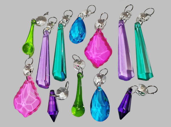 12 Chandelier Drops Cut Glass Crystals Beads Tropical Colours Prisms Droplets Light Parts 11