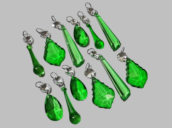 12 Emerald Green Chandelier Drops Cut Glass UK Crystals Beads Droplets Lamp Light Prisms Parts 11