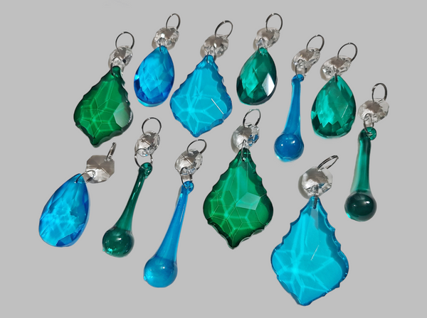 12 Peacock & Teal Chandelier Drops Crystals Beads Droplets Cut Glass Prisms Light Lamp Parts 9