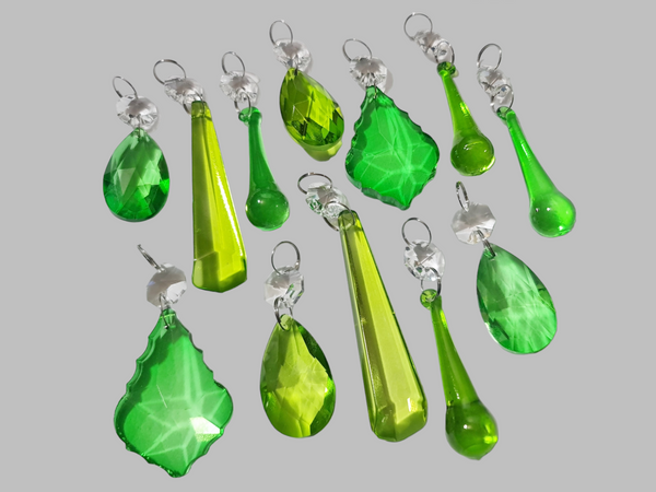 12 Chandelier Drops Sage & Emerald Green Set Cut Glass UK Crystals Beads Prisms Droplets 7