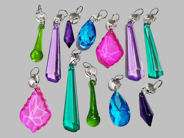 12 Chandelier Drops Cut Glass Crystals Beads Tropical Colours Prisms Droplets Light Parts 7