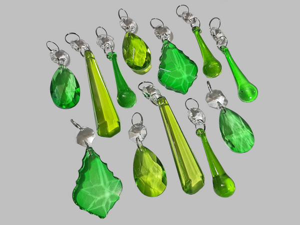 12 Chandelier Drops Sage & Emerald Green Set Cut Glass UK Crystals Beads Prisms Droplets 13