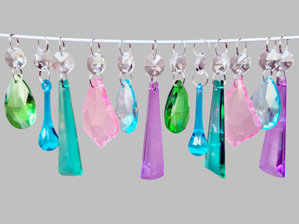 12 Chandelier Pastel Colours Crystals Cut Glass Droplets Sun Catcher Prisms Beads Light Parts