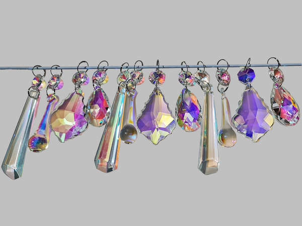 12 Aurora Borealis AB Iridescent Chandelier Drops Cut Glass UK Crystals Beads Droplets Lamp Light Parts 12