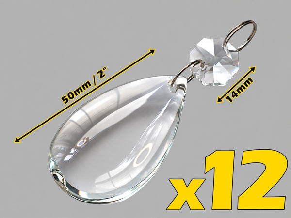12 Clear Smooth Oval 50 mm 2" Chandelier UK Crystals Beads Droplets Decorations Colourless