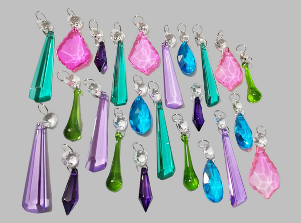 24 Chandelier Drops Glass UK Crystals Beads Tropical Colours Prisms Droplets Christmas Tree Decorations 12