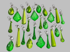 24 Sage & Emerald Green Chandelier Drops Crystals Beads Prism Droplets Mix Cut Glass