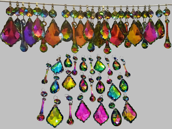 24 Vitrail Iridescent Chandelier Drops Cut Glass Crystals Beads Droplets Set Silver Backed Decorations