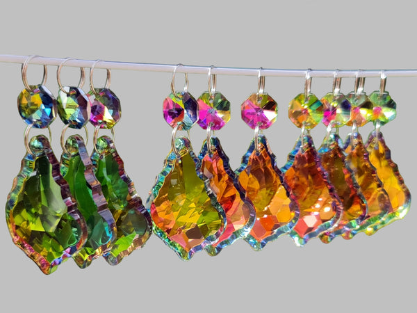 12 Vitrail AB Iridescent Silver Back Cut Glass Leaf 50 mm 2" Chandelier Crystals Drops Beads Droplets 1