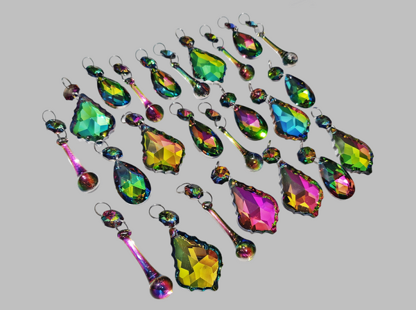 24 Vitrail Iridescent Chandelier Drops Cut Glass Crystals Beads Droplets Set Silver Backed Decorations 18