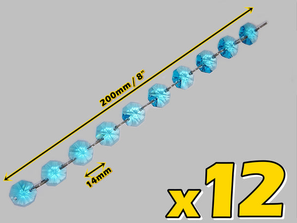 12 Strands Aqua Teal Blue 14mm Octagon Chandelier Drops Glass Crystals 2.4m Garland Beads Droplets 2