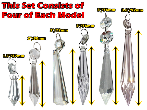 24 Chandelier Drops UK Crystals Cut Glass Beads XL Droplets & Standard Clear Icicle Torpedos colourless 3