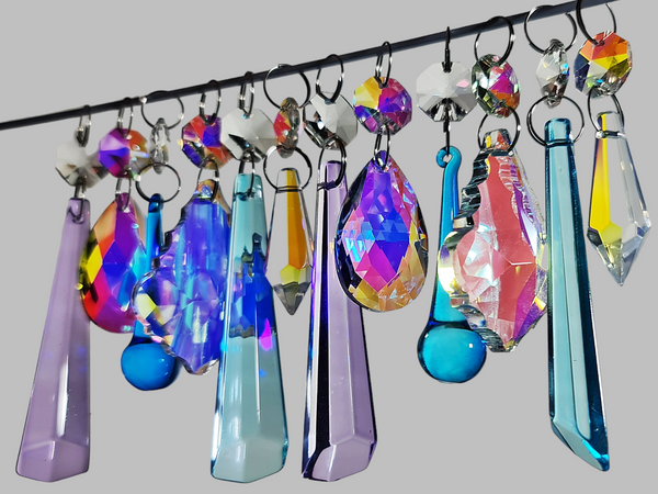 12 Chandelier Drops AB Aurora Borealis Soft Pastel Colours Glass Crystals Beads Prisms Droplets 9