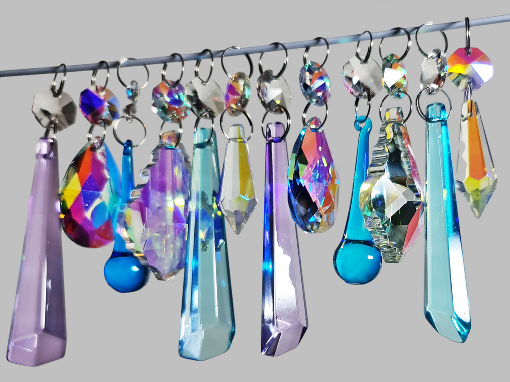 12 Chandelier Drops AB Aurora Borealis Soft Pastel Colours Glass Crystals Beads Prisms Droplets 1