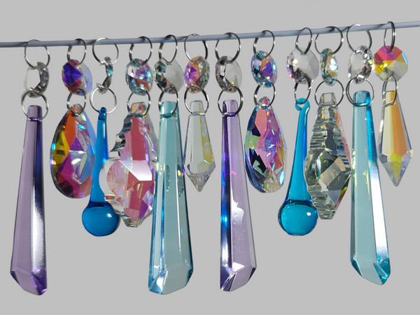 12 Chandelier Drops AB Aurora Borealis Soft Pastel Colours Glass Crystals Beads Prisms Droplets 3