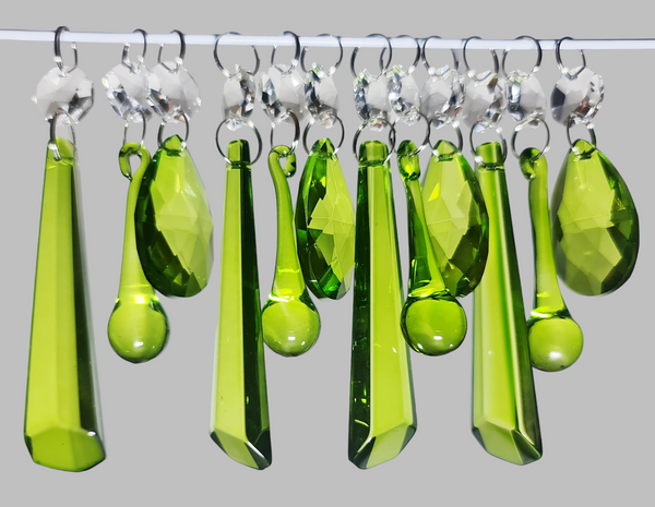 12 Chandelier Drops Sage Green Mixed Shape Set Cut Glass UK Crystals Beads Prisms Droplets 3