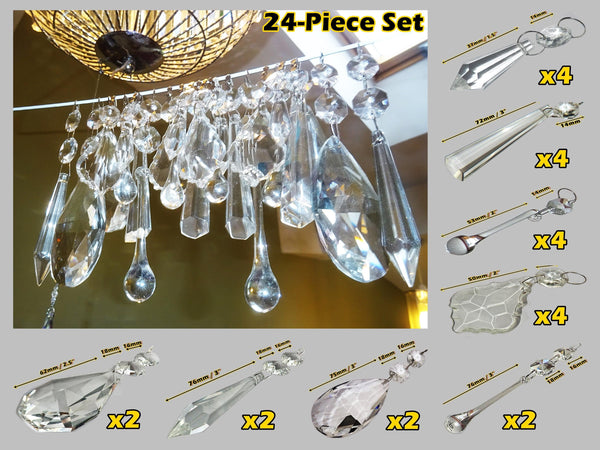 24 Chandelier Drops Crystals Cut Glass Beads XL Droplets & Standard Clear Prisms Hanging Pendants
